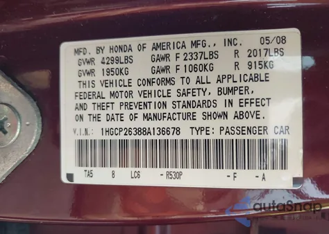 2008 Honda Accord 2.4 Lx из США, поврежденный, VIN 1HGCP26388A136678